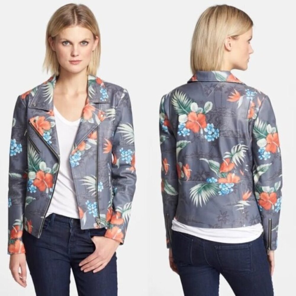 Veda Gray Tropical Print Leather Biker Jacket - Small